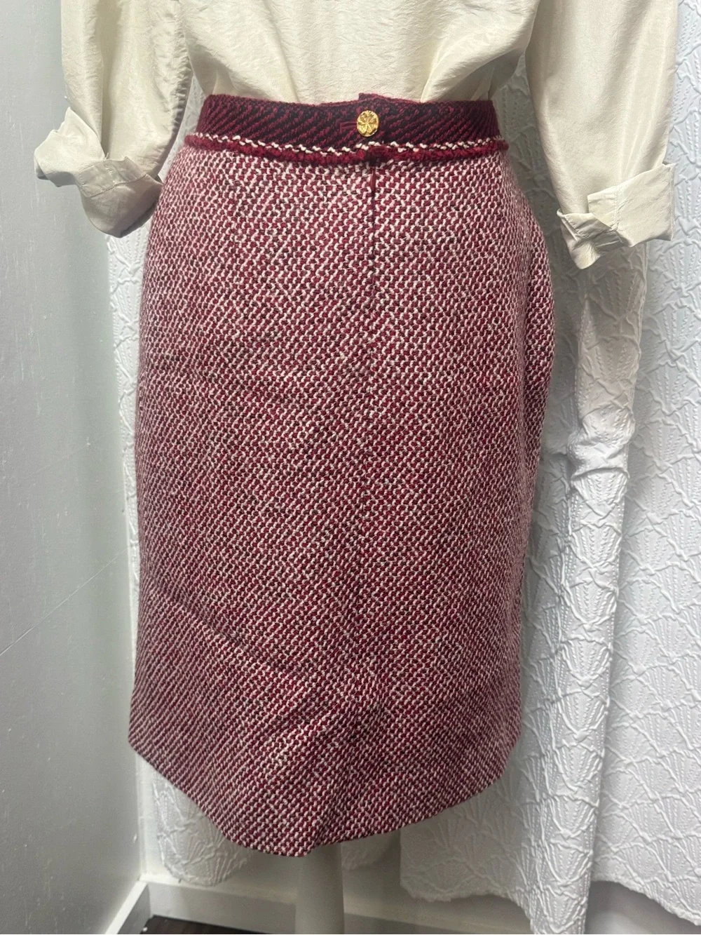 CHANEL Burgundy and Cream Tweed Pencil Skirt
